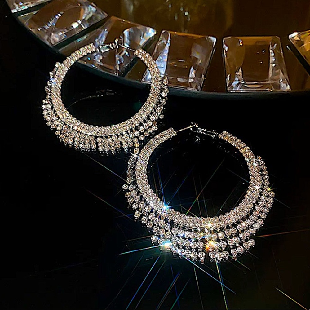SILVER CRYSTAL TASSEL OVERSIZED HOOP EARRINGS - Picture 4 of 5